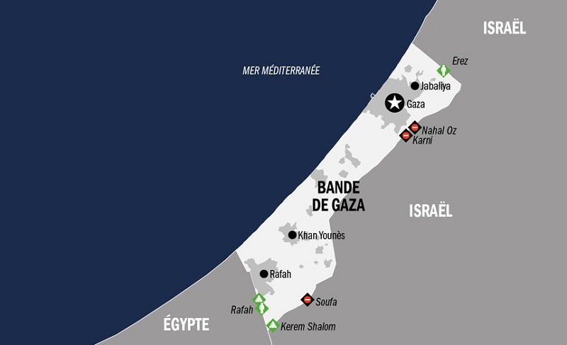 La bande de Gaza est une région palestinienne située sur la côte orientale de la mer Méditerranée, au Proche-Orient. Elle a une superficie de 362 km2 et une population d’environ 1,9 million d’habitants. Elle est bordée par Israël au nord et à l’est, par l’Égypte au sud, et par la mer Méditerranée à l’ouest.